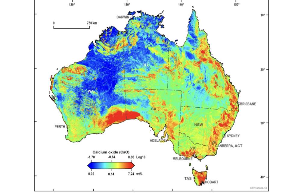 Machine learning-enhanced geochemical map of Australia showing predicted calcium oxide concentrations from surface sediment and rock data.