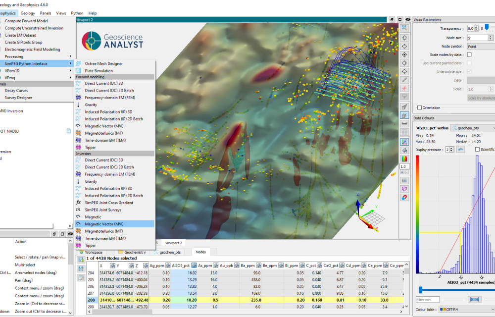 Screenshot of Geoscience ANALYST displaying integrated geoscientific data using a drag-and-drop interface, with a Python API-driven SimPEG visualisation developed through the Pro Geophysics Consortium