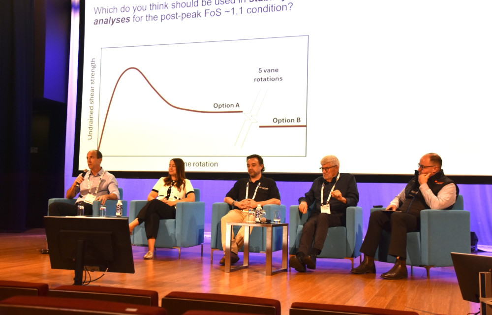 Panel discussion at the AusIMM Life of Mine 2025 LOMMWT2025 exploring advances in tailings site characterisation, featuring geotechnical experts from Red Earth Engineering, Menard Oceania, Black Geotechnical, and Insitu Geotech Services.