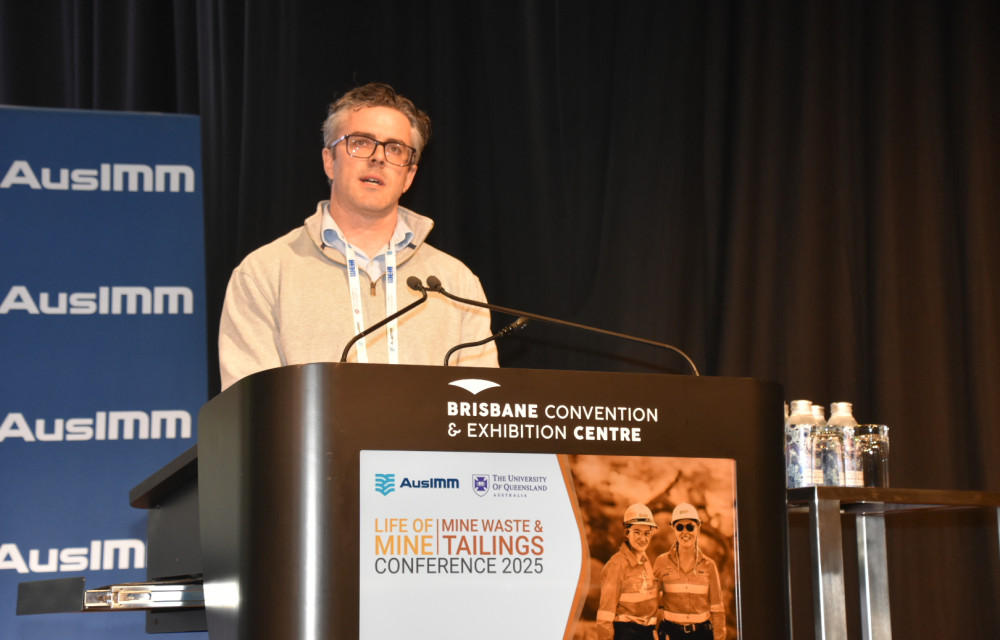 Bradley Tiver presenting insights on the Engineer of Record transition at the Olympic Dam mine during the Life of Mine | Mine Waste and Tailings 2025 Conference.