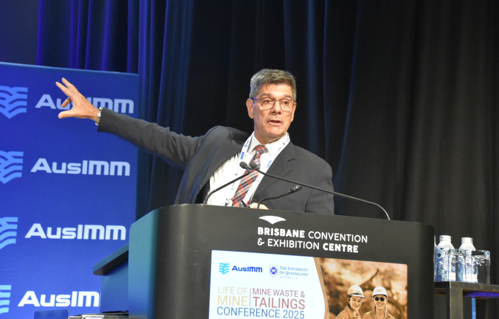 Alejo Sfriso presenting a new framework for assessing tailings dam vulnerability at the Life of Mine 2025 conference in Brisbane