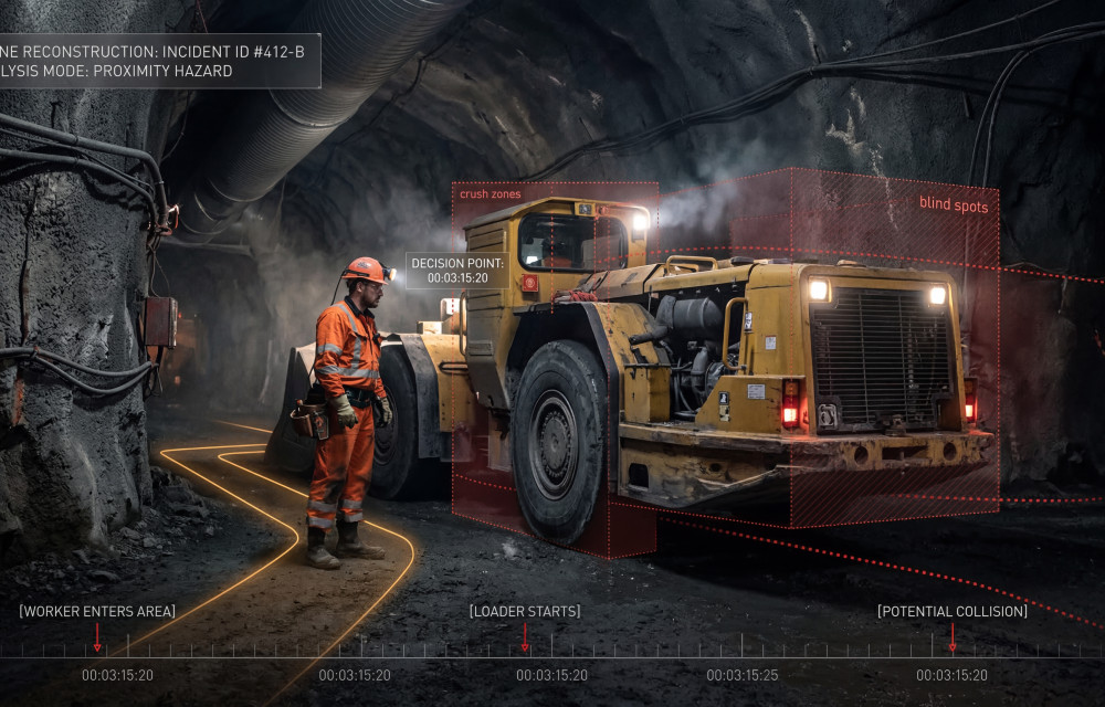 Reconstructed underground mine scene showing an incident timeline, crush zones and blind spots mapped around a loader as a worker walks past.